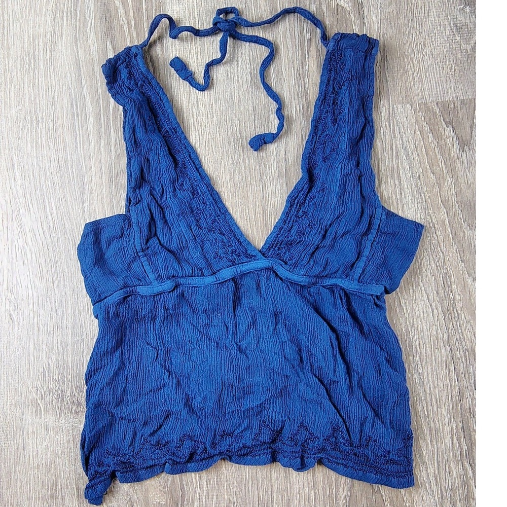 Blue‎ Crinkle Gauze Halter Neck Tie Back Crop Top Boho Beach Vacation Resort Y2K